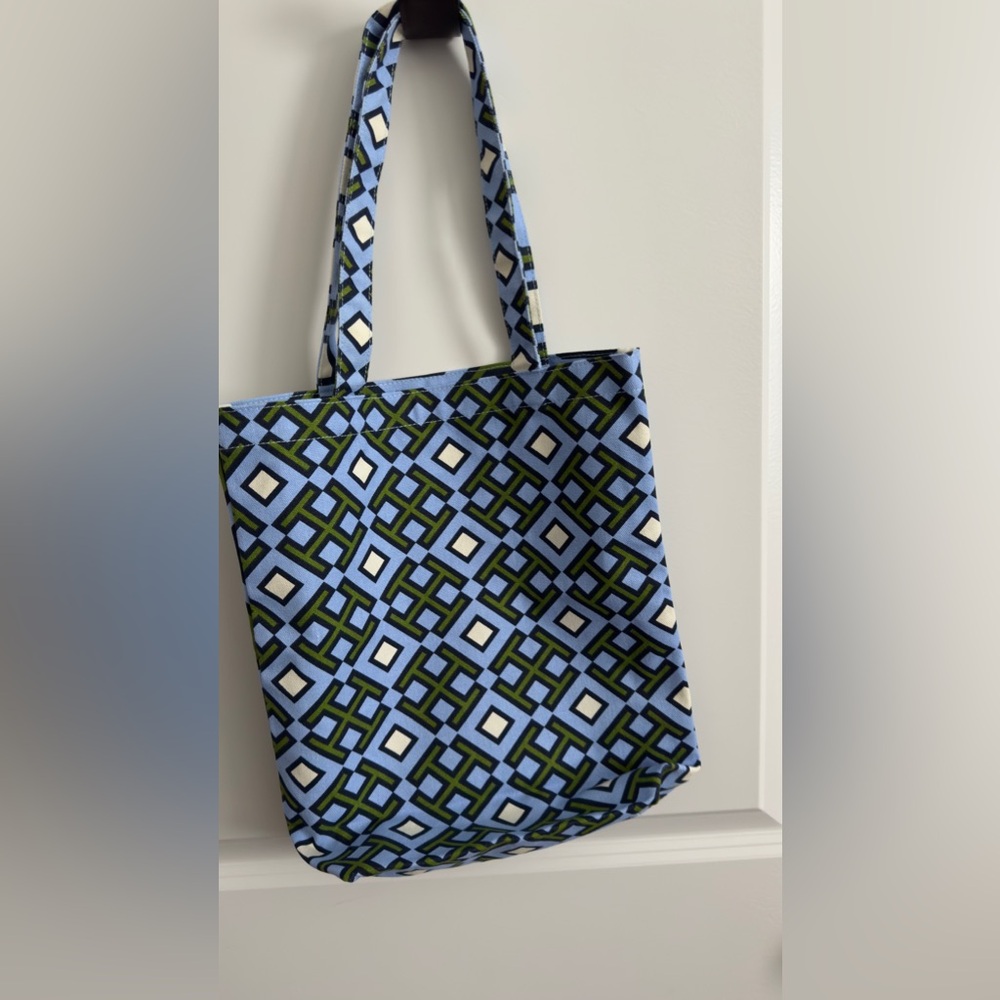 Tory Burch Geometric Blue, green and white canvas tote.  New.